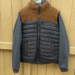 Men's Quilted Black Puffer Jacket with Brown Corduroy Yoke